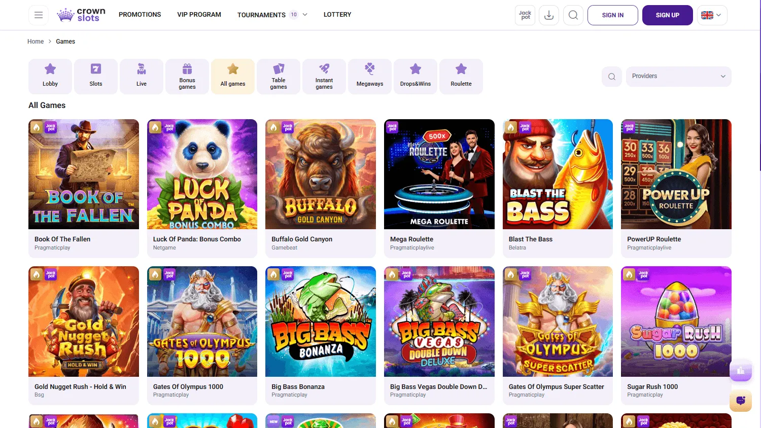 Crownslots Casino live games on desktop