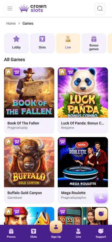 Crownslots Casino live games on mobile