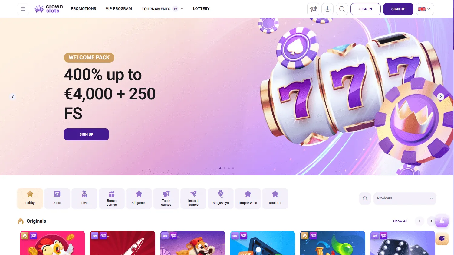 Crownslots Casino games catalogue on desktop